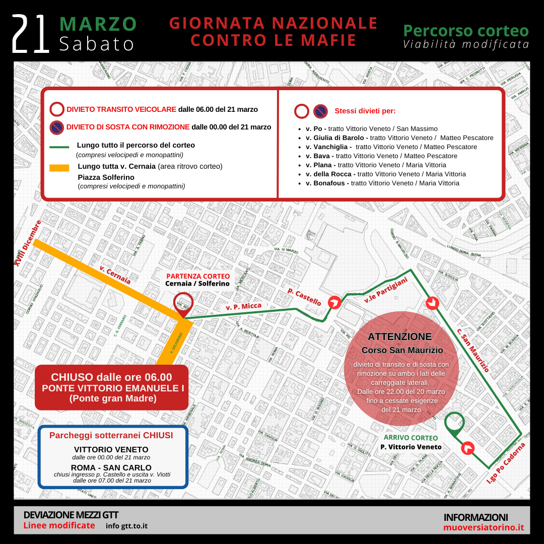 Sabato 21 marzo il corteo per la Giornata della Memoria e dell’Impegno in ricordo delle vittime innocenti delle mafie, previste modifiche viabili