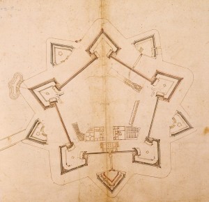 Sulla sinistra il Pastiss a protezione del bastione di San Lorenzo nella mappa dell'Archivio di Stato