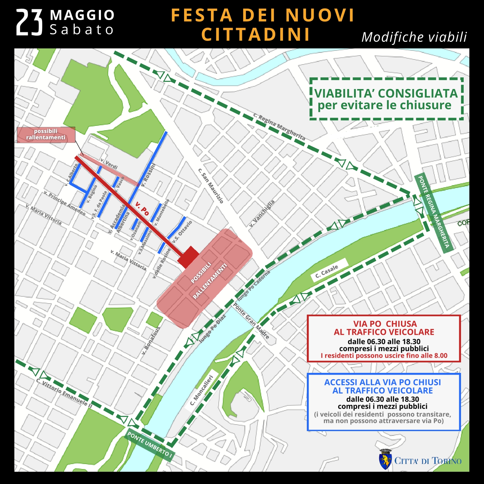 Sabato 23 maggio in via Po la festa dei nuovi cittadini. I provvedimenti viabili