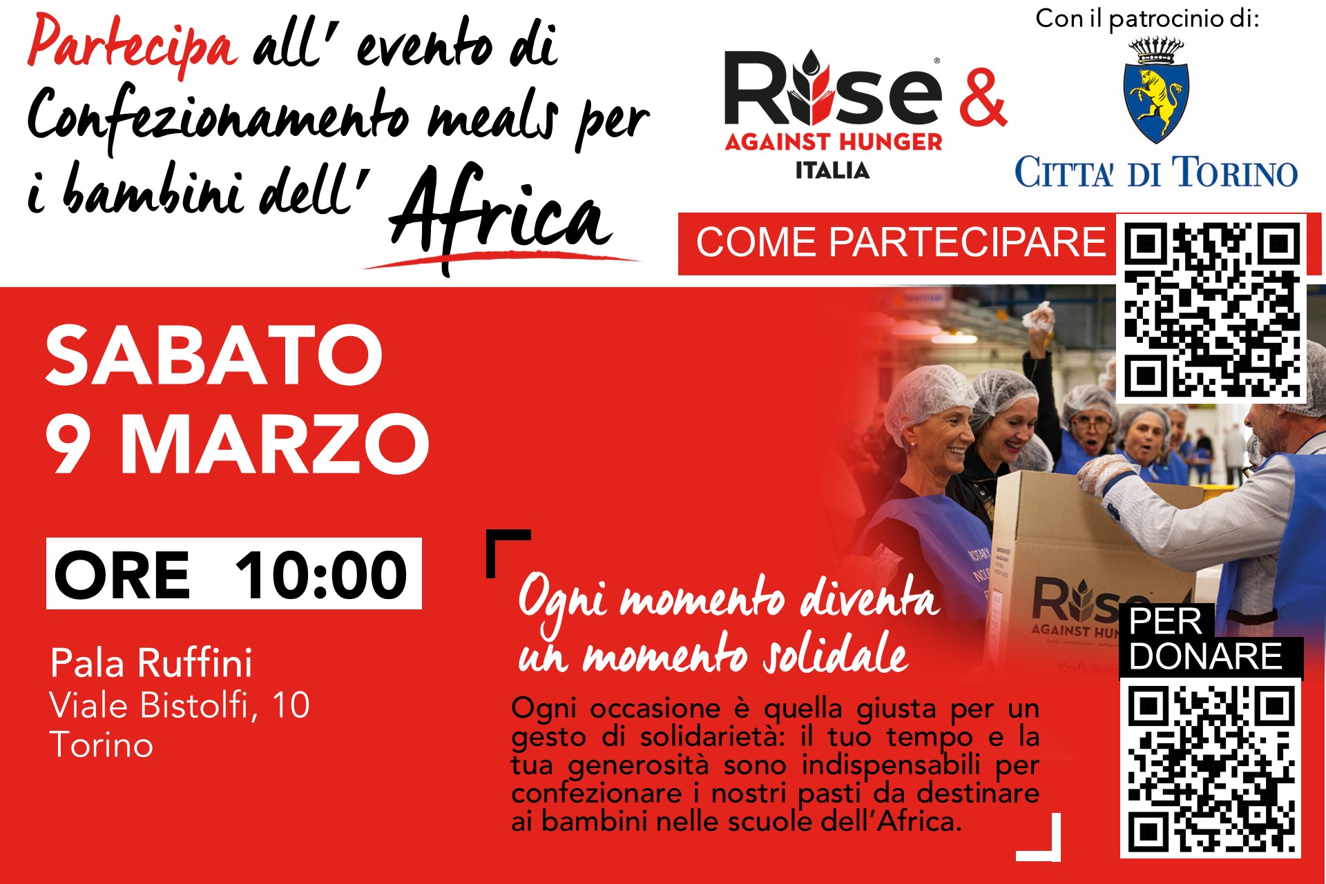 A Torino il 9 marzo la tappa dei Volunteer Days di Rise Against Hunger Italia