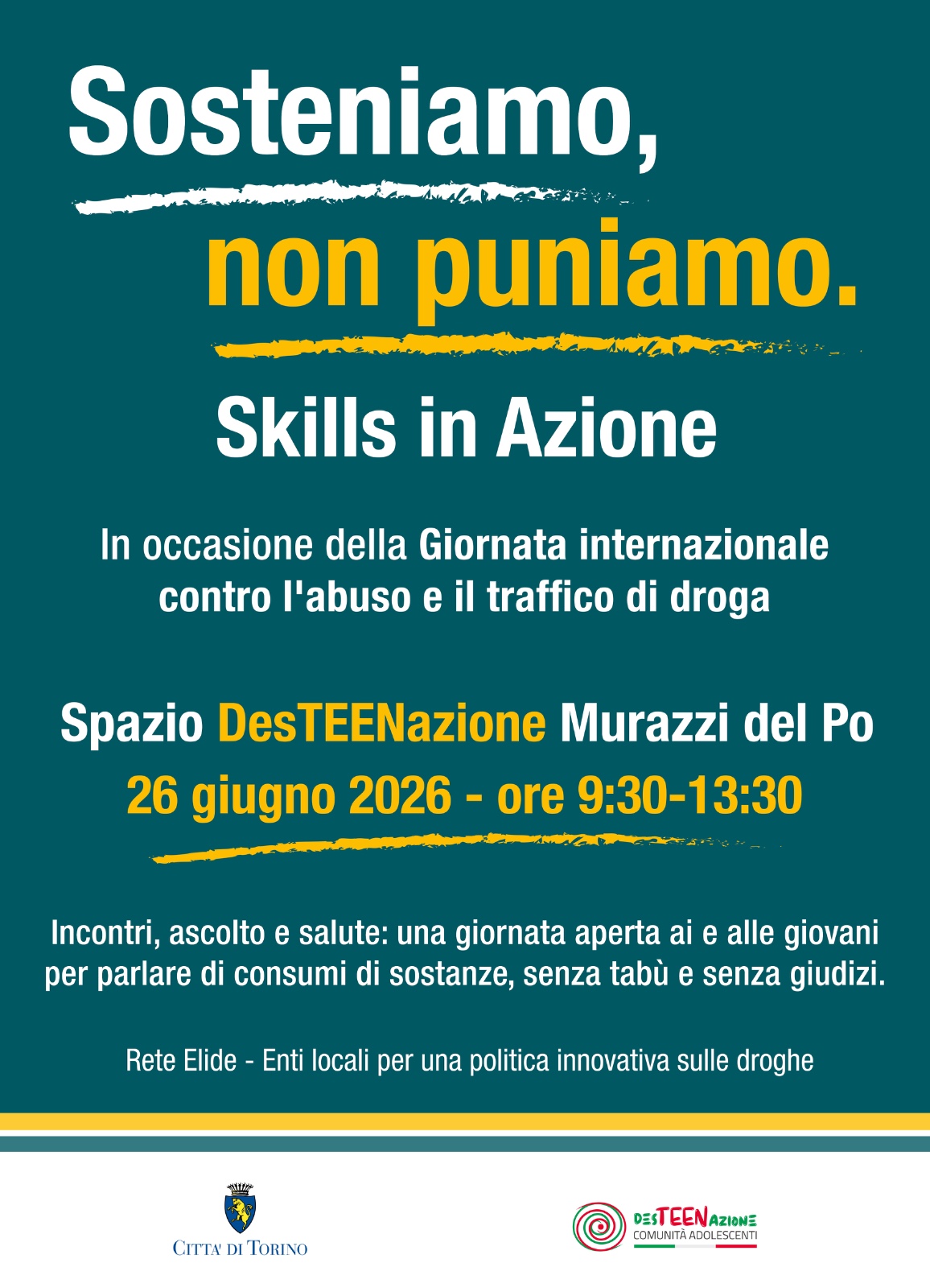 Giornata internazionale contro l’abuso e il traffico di droga: il 26 giugno ai Murazzi un appuntamento per i giovani con “Sosteniamo, non puniamo. Skills in azione”